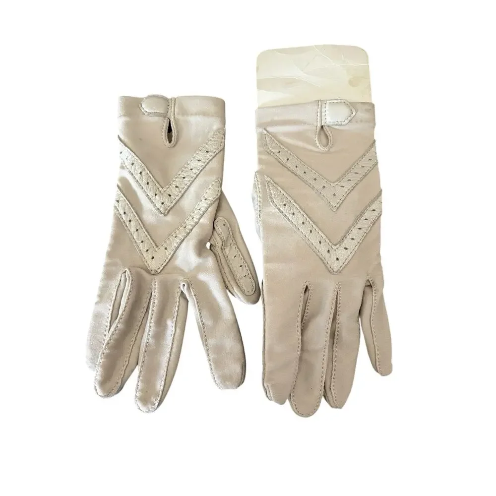Vintage Isotoner Bone one size gloves leather trimmed stretch Driving Gloves